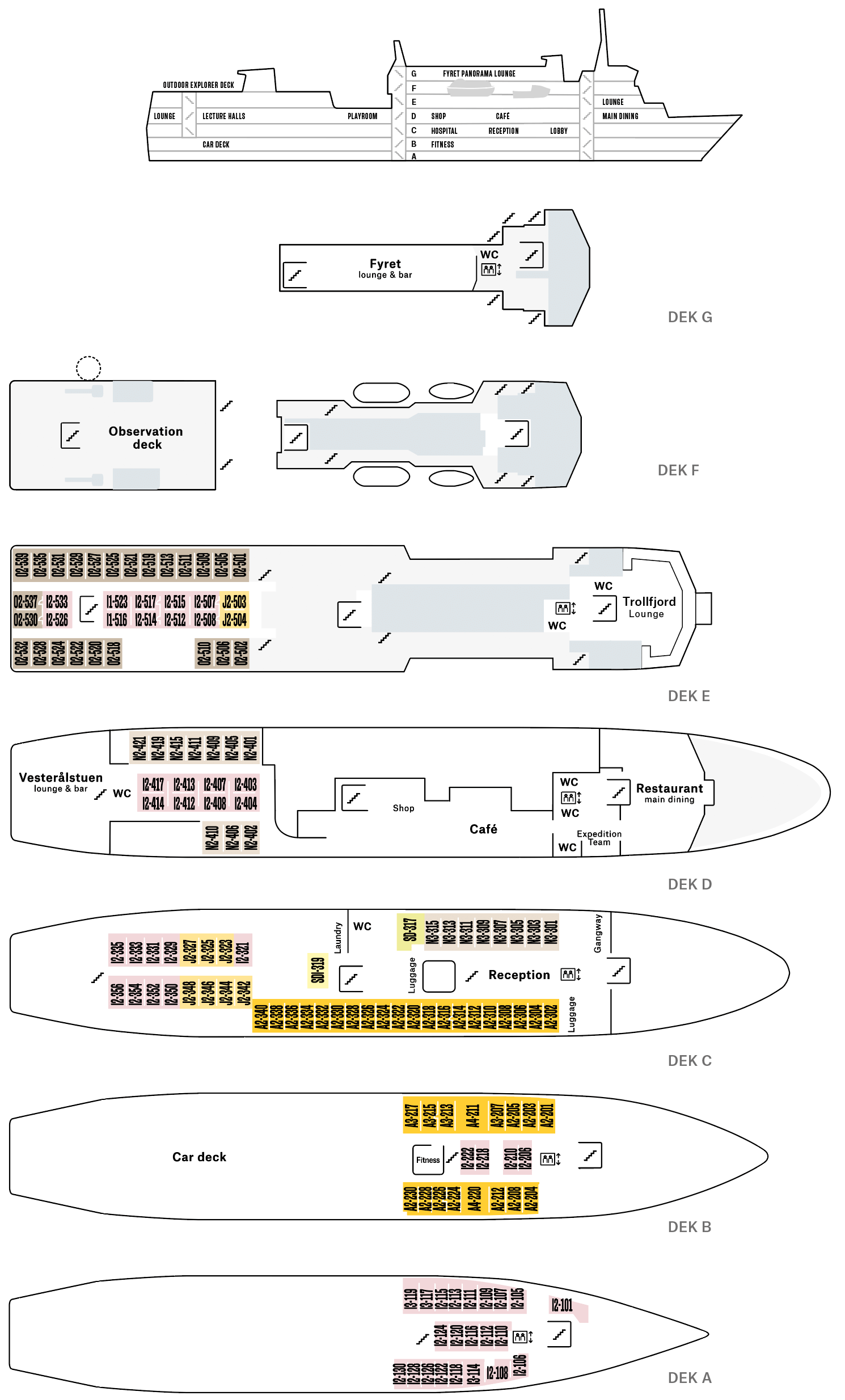 Cruiseschip-Hurtigruten-MS Vesteralen-Schip-Dekkenplan