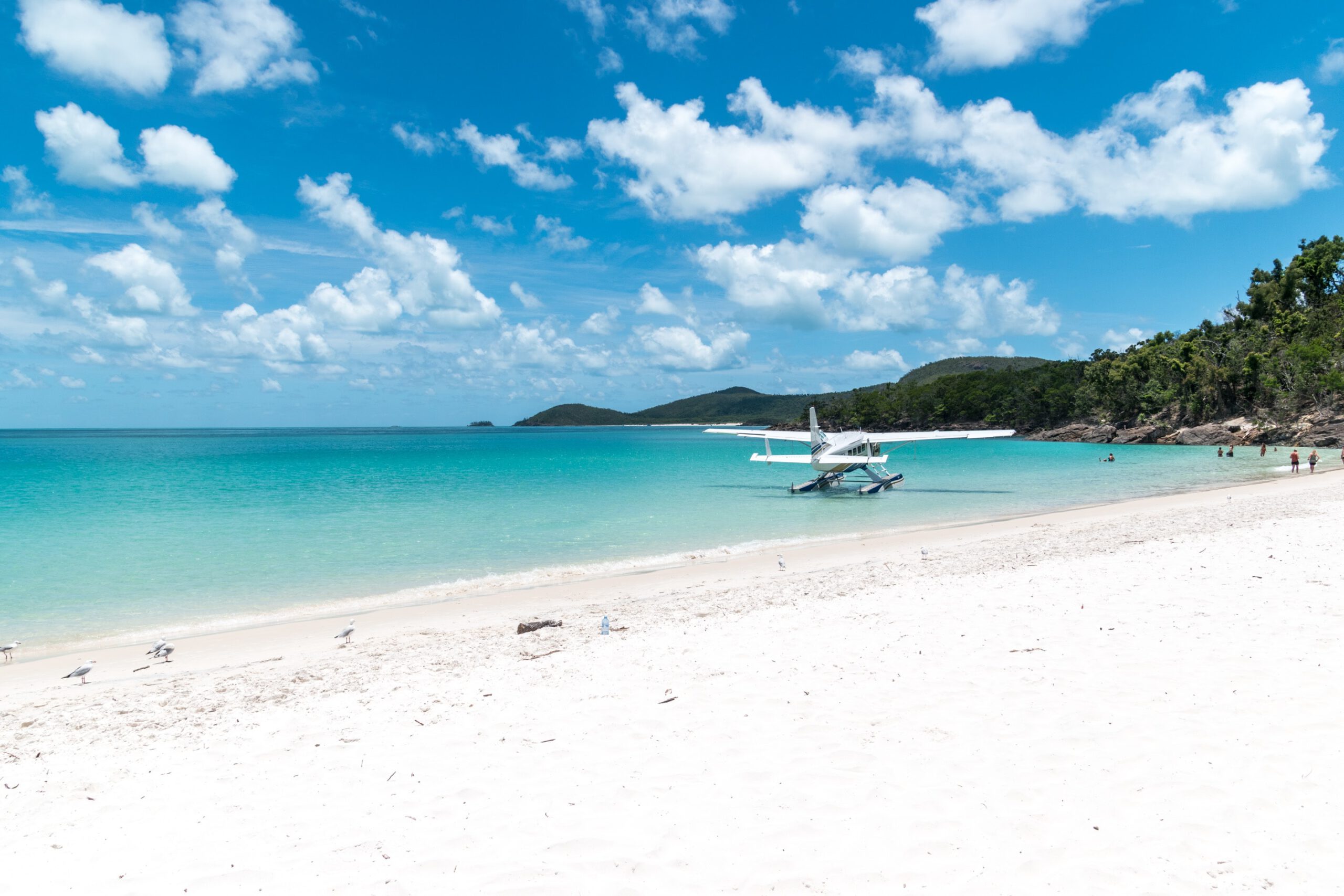 Australie-Whitsundays-hamilton island-vliegtuigje-strand-blauwe zee-wit strand-palmbomen-landschap